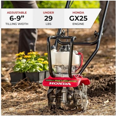 Honda FG110 Mini Tiller Cultivator, 6- to 9-Inch Tilling Width, Break New Ground or Prep Soil, Gas Engine, Adjustable Depth Bar (FG110KiAT)