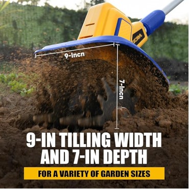 Cordless Tiller Cultivator Compatible with Dewalt 20V Battery(Tool Only), 360RPM Battery Powered Garden Cultivator, 9In Tilling Width & 7In Depth Tiller for Gardening