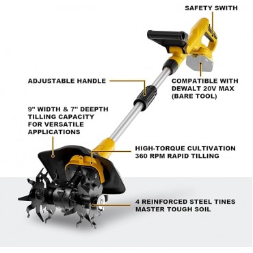 Cordless Garden Tiller Cultivator, Compatible with DeWalt 20V MAX Battery, 360 RPM High Torque, 9" Width x 7" Depth, Lightweight Garden Soil Tool for Weeding, Tool Only-Battery Not Included