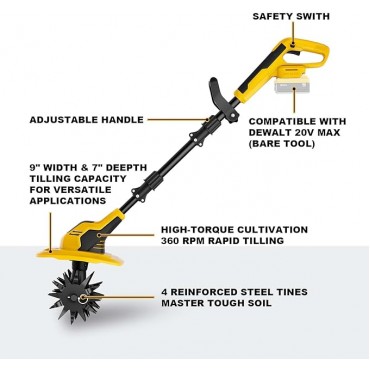20V Cordless Garden Tiller Cultivator - Compatible with DeWalt 20V MAX Batteries, 9-in. Tilling Width & 7-in. Depth, 4 Steel Blades for Raised Beds and Flower Gardens, Battery Not Included