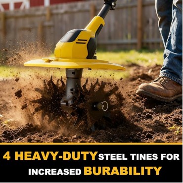 20V Cordless Garden Tiller Cultivator - Compatible with DeWalt 20V MAX Batteries, 9-in. Tilling Width & 7-in. Depth, 4 Steel Blades for Raised Beds and Flower Gardens, Battery Not Included