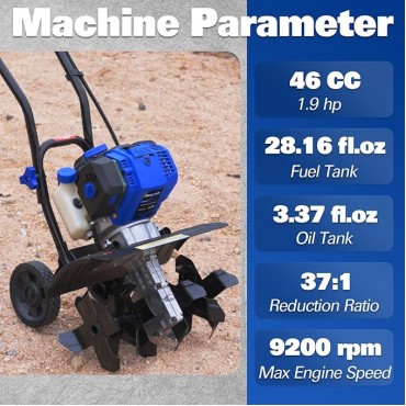 BILT HARD 46cc 4-Cycle 1.9HP Gas Powered Tiller Cultivator - 16" Heavy-Duty Steel Tines Rototiller, Adjustable Wheels & Cushioned Handle Grips for Plowing, Tilling, Weeding in Garden, Farm