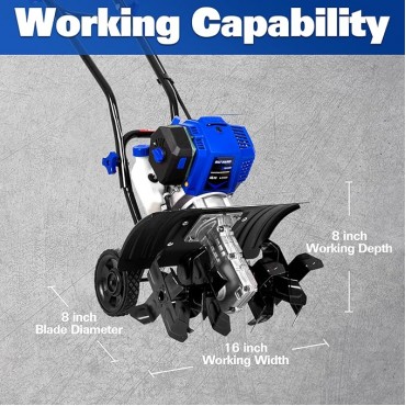 BILT HARD 46cc 4-Cycle 1.9HP Gas Powered Tiller Cultivator - 16" Heavy-Duty Steel Tines Rototiller, Adjustable Wheels & Cushioned Handle Grips for Plowing, Tilling, Weeding in Garden, Farm