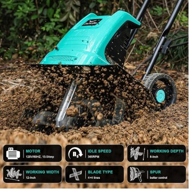 13.5 Amp 12 Inch Electric Tiller/Cultivator with 4 Steel Tines, 8'' Tilling Depth Small Garden Tiller for Gardening, Corded Rototiller with Adjustable Wheels