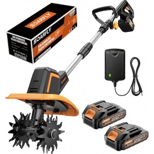 Upgraded Cordless Tiller for Gardening with Dual 2.0Ah Batteries, 48 Steel Tines Battery Rototiller, 9" Width 6.6" Depth Garden Tiller Cultivator for Soil, Tending & Composting (Orange)