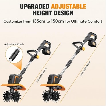 Upgraded Cordless Tiller for Gardening with Dual 2.0Ah Batteries, 48 Steel Tines Battery Rototiller, 9" Width 6.6" Depth Garden Tiller Cultivator for Soil, Tending & Composting (Orange)