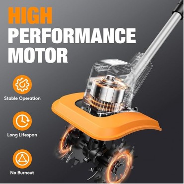 Upgraded Cordless Tiller for Gardening with Dual 2.0Ah Batteries, 48 Steel Tines Battery Rototiller, 9" Width 6.6" Depth Garden Tiller Cultivator for Soil, Tending & Composting (Orange)