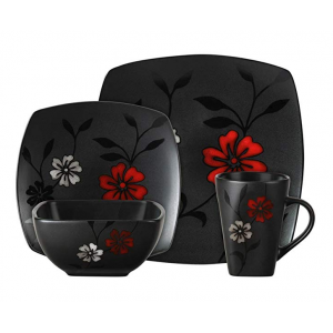 16-Piece Dinnerware Set, Evening Blossom, Black 