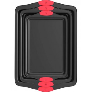 Vremi 3 Piece Baking Sheets Nonstick Set - Professional Non Stick Sheet Pan Set for Baking - Carbon Steel Baking Pans Cookie Sheets with Red Silicone Handles - has Quarter and Half Sheet Pans