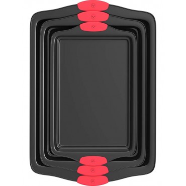 Vremi 3 Piece Baking Sheets Nonstick Set - Professional Non Stick Sheet Pan Set for Baking - Carbon Steel Baking Pans Cookie Sheets with Red Silicone Handles - has Quarter and Half Sheet Pans