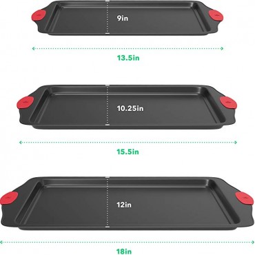Vremi 3 Piece Baking Sheets Nonstick Set - Professional Non Stick Sheet Pan Set for Baking - Carbon Steel Baking Pans Cookie Sheets with Red Silicone Handles - has Quarter and Half Sheet Pans
