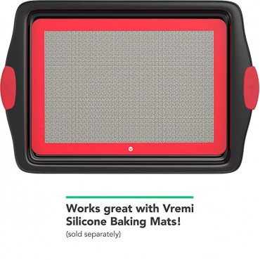 Vremi 3 Piece Baking Sheets Nonstick Set - Professional Non Stick Sheet Pan Set for Baking - Carbon Steel Baking Pans Cookie Sheets with Red Silicone Handles - has Quarter and Half Sheet Pans