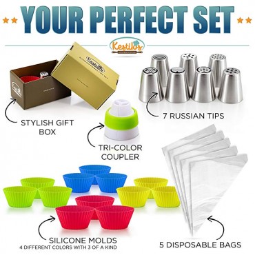 SALE! Russian Piping Tips Set By Kestilos – 7 Cake & Cupcake Decorating Icing Nozzles, A 3 Color Coupler, 5 Disposable Pastry Bags & 12 Silicon Cupcakes Molds