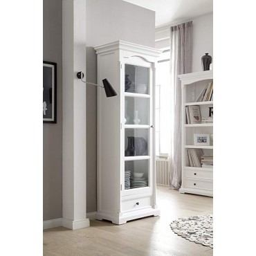 NovaSolo Provence Pure White Mahogany Wood Cabinet With Glass Door, 4 Shelves And Drawer